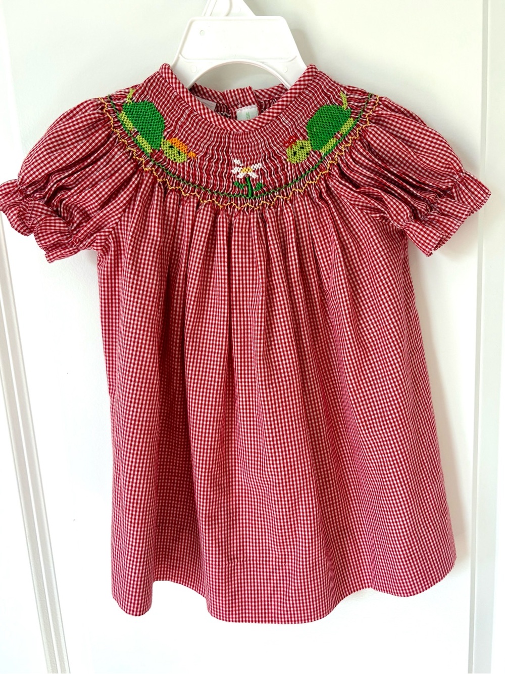 Hand Smocked Turtle Dress Red Gingham 6M Boutique Bishop Dress